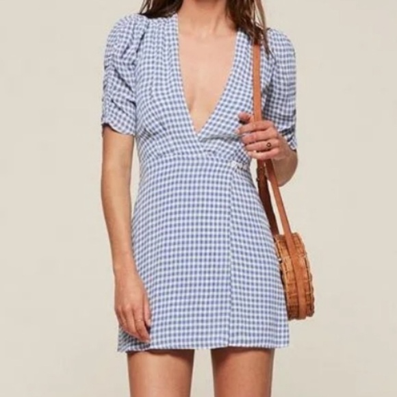REFORMATION Lorena Gingham Mini Wrap Dress - Picture 1 of 7